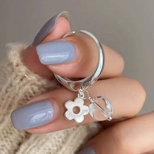 925 Sterling Silver Charming Transparent Pendant Flower Opening Adjustable Ring for Women Fashion Jewelry Minimalist Accessories