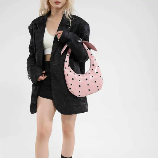 2025 Trend Red Rivet Shoulder Bags PU Leather Zipper Design Cool Girl Underarm Bag Solid Color Female Out Handbags